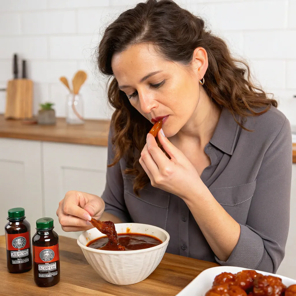 A woman tasting BBQ sauce