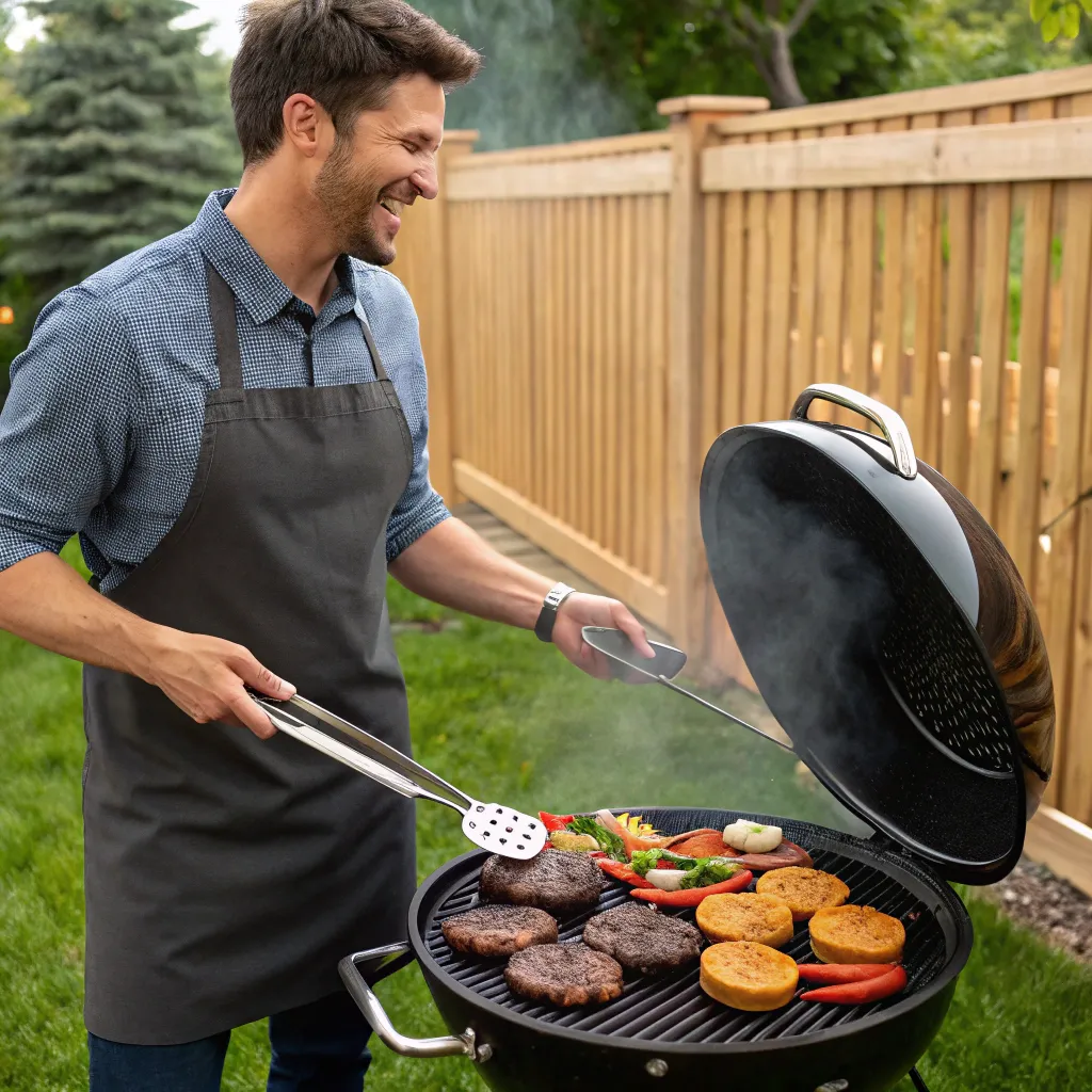 A man happily grilling