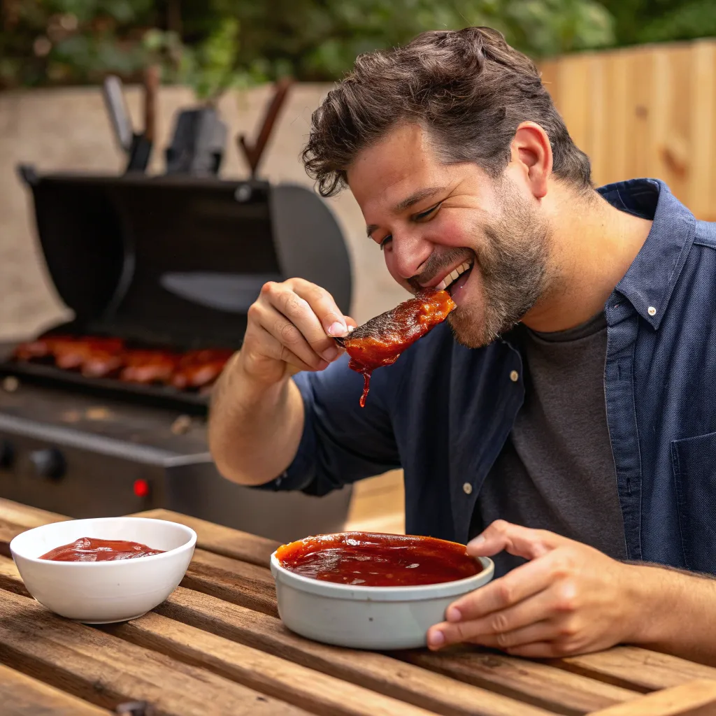 A man enjoying BBQ sauce